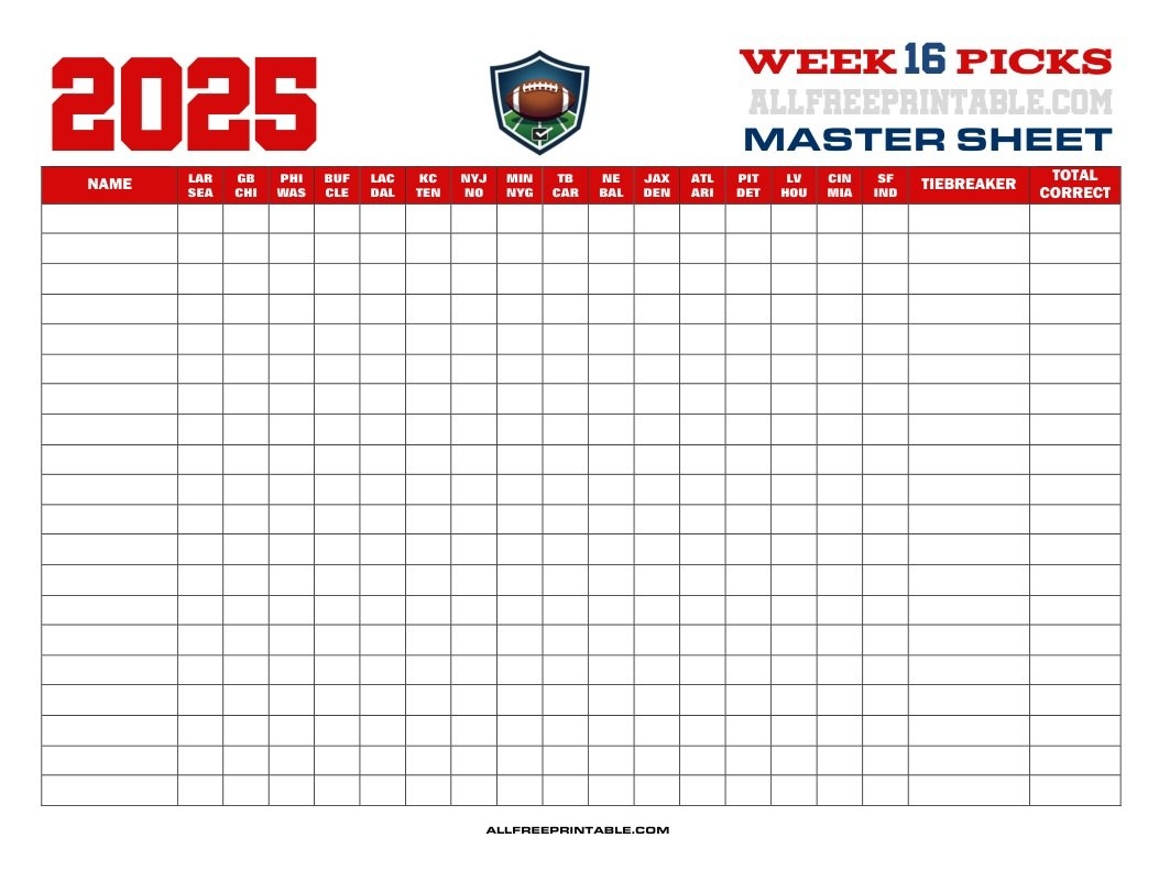 NFL Week 16 Pick em Master Sheet 2025 Free Printable NFL Week 16 Pick em Master Sheet 2025 Free Printable
