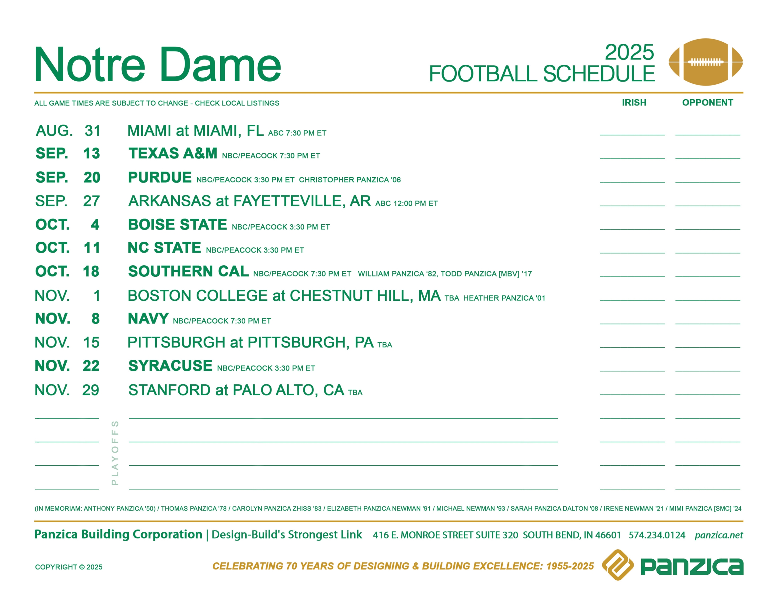 Notre Dame Football Schedule Panzica Building Corporation