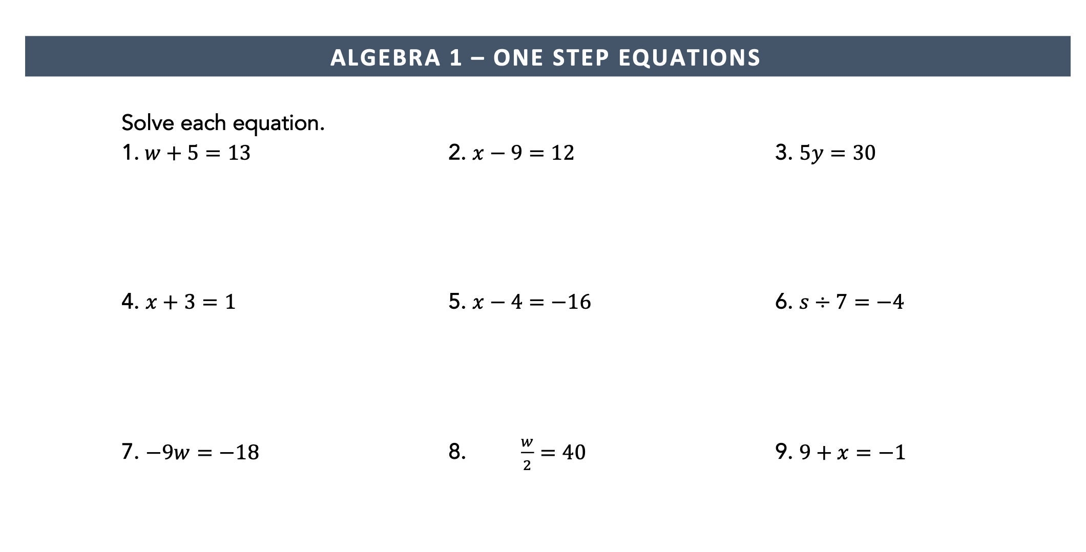 1 step equations worksheet 1 step equations worksheet