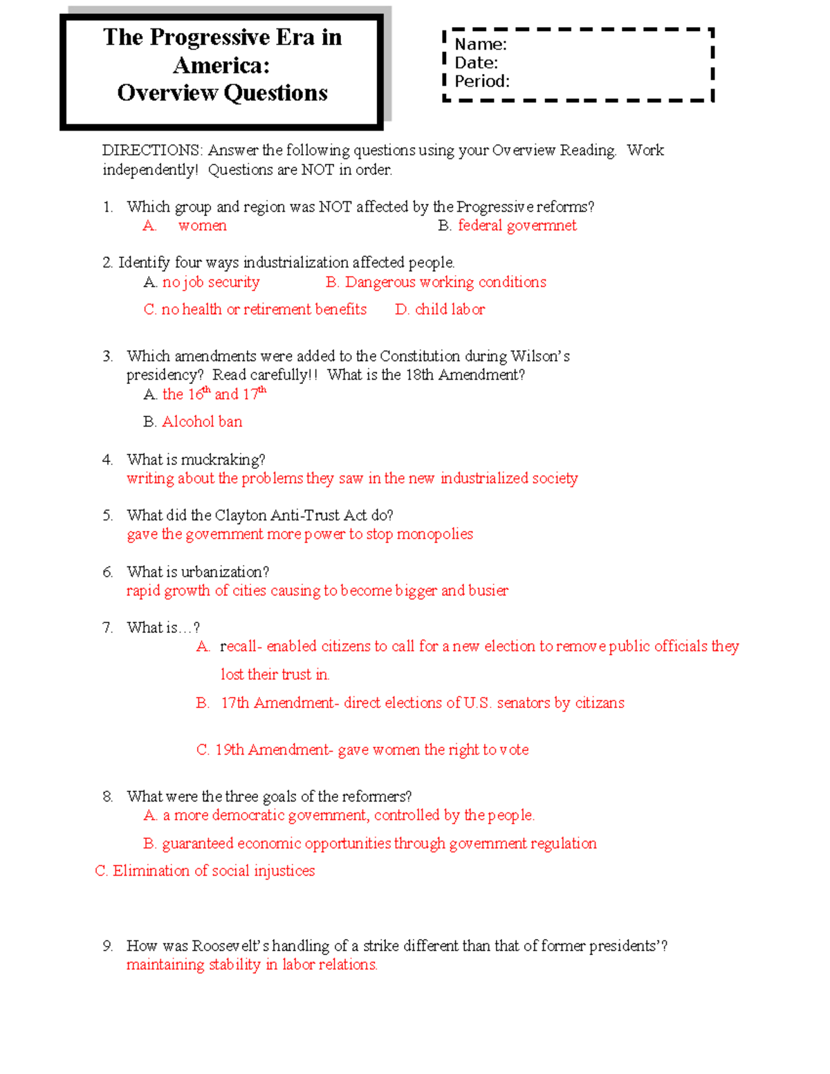 Overview Questions On The Progressive Era Regular 1 Exam Document Studocu