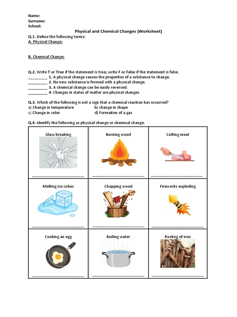 physical and chemical changes worksheet
