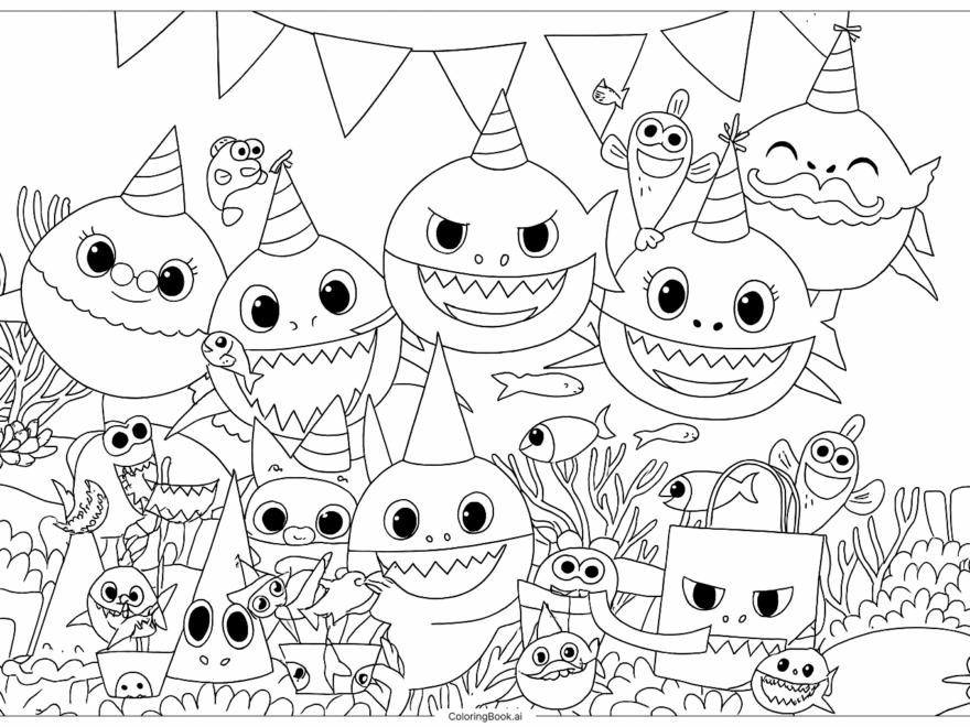 Pinkfong Baby Shark Happy Party Coloring Page Free PDF PNG Printable