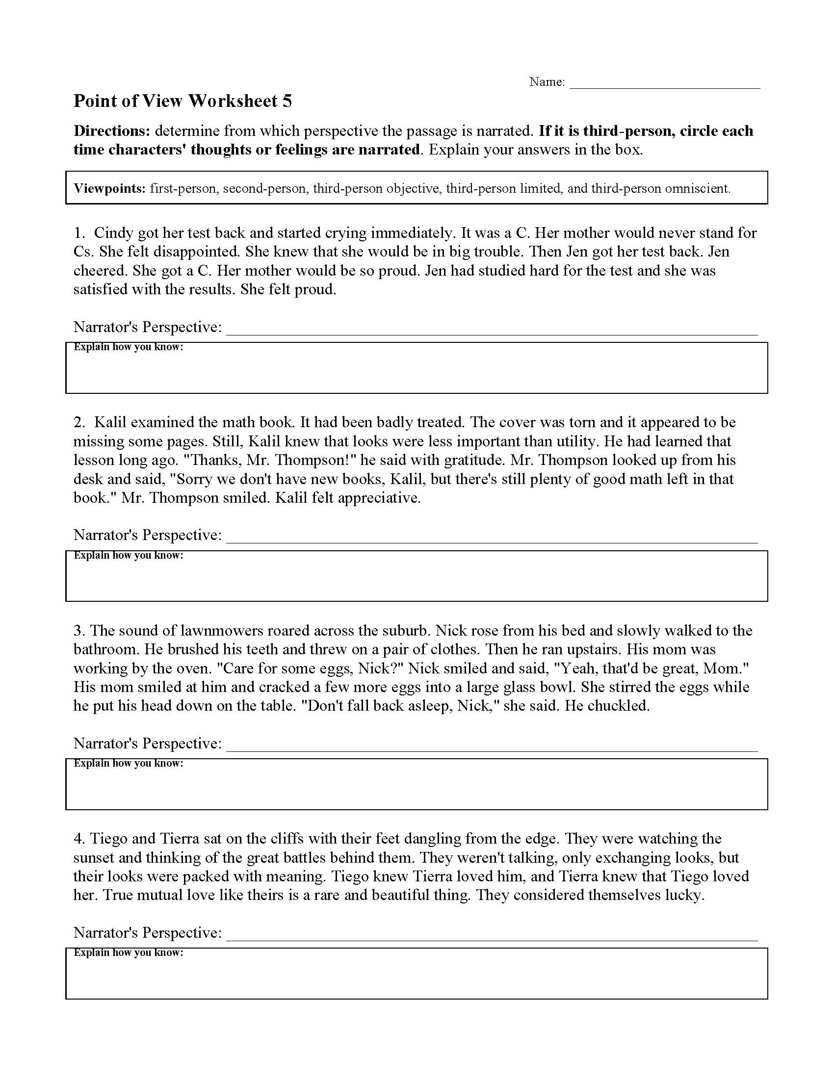 Point Of View Worksheets Reading Activities