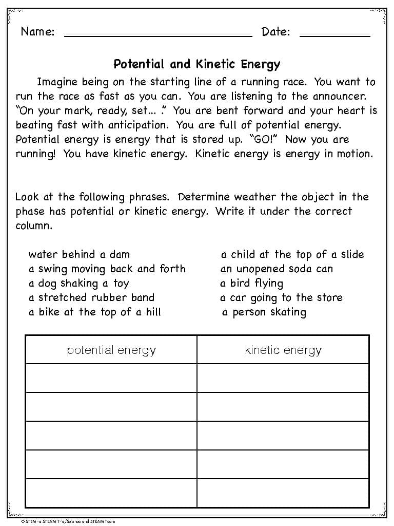 Potential And Kinetic Energy Worksheet By Science And STEAM Team