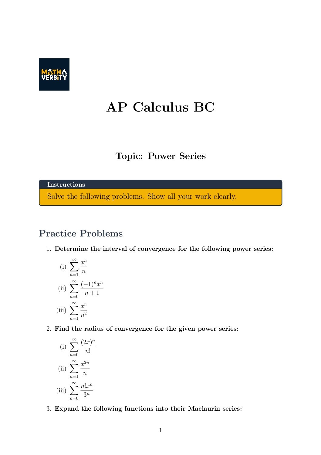 Power Series AP Calculus BC Free Worksheet Practice Problems Mathaversity Tutors Power Series AP Calculus BC Free Worksheet Practice Problems Mathaversity Tutors