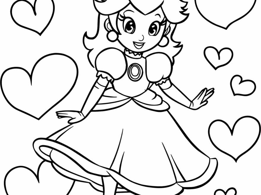 Princess Peach With Hearts Coloring Page Easy Drawing Guides