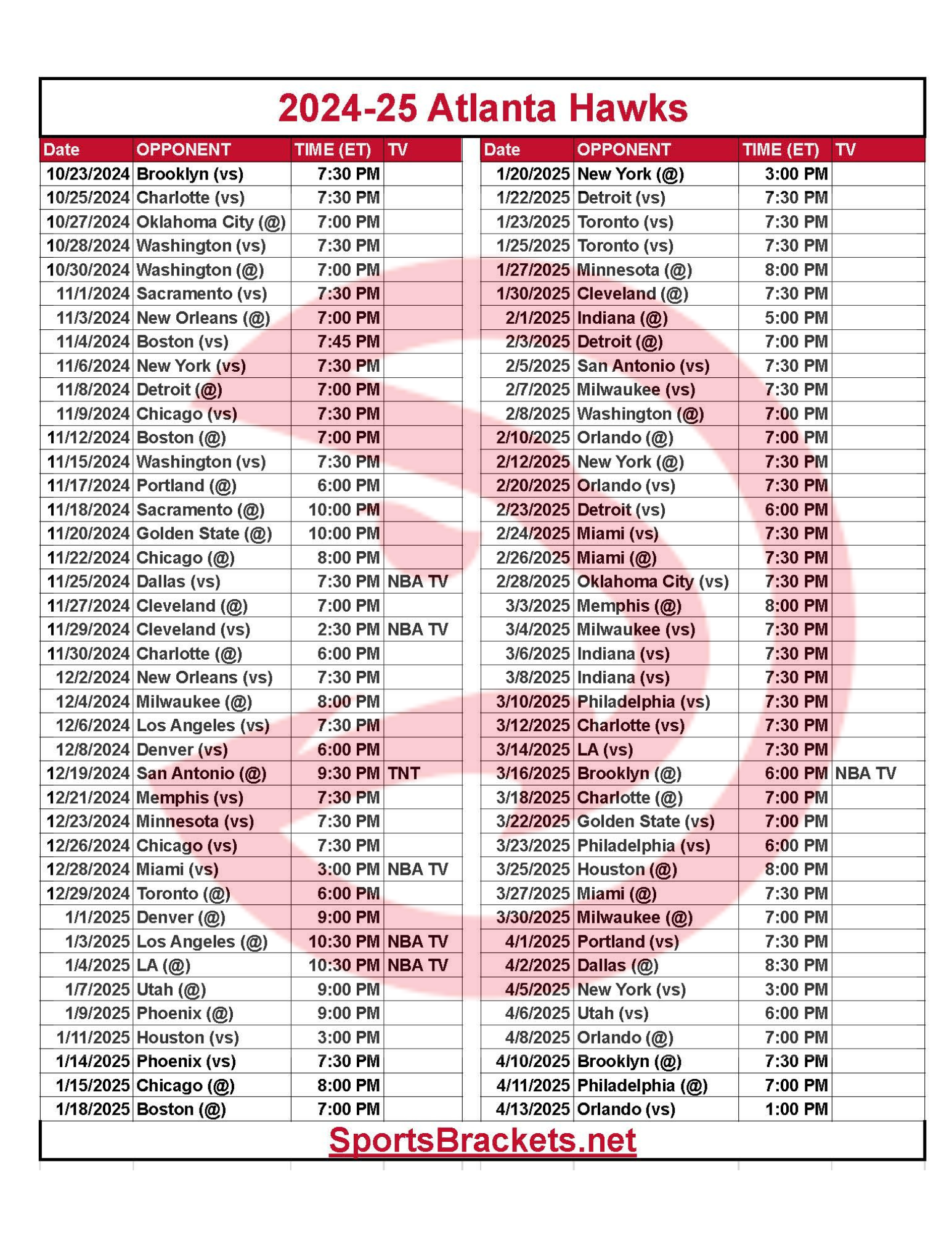 Printable 2024 25 Atlanta Hawks Schedule TV Broadcasts And Matchups Sports Brackets