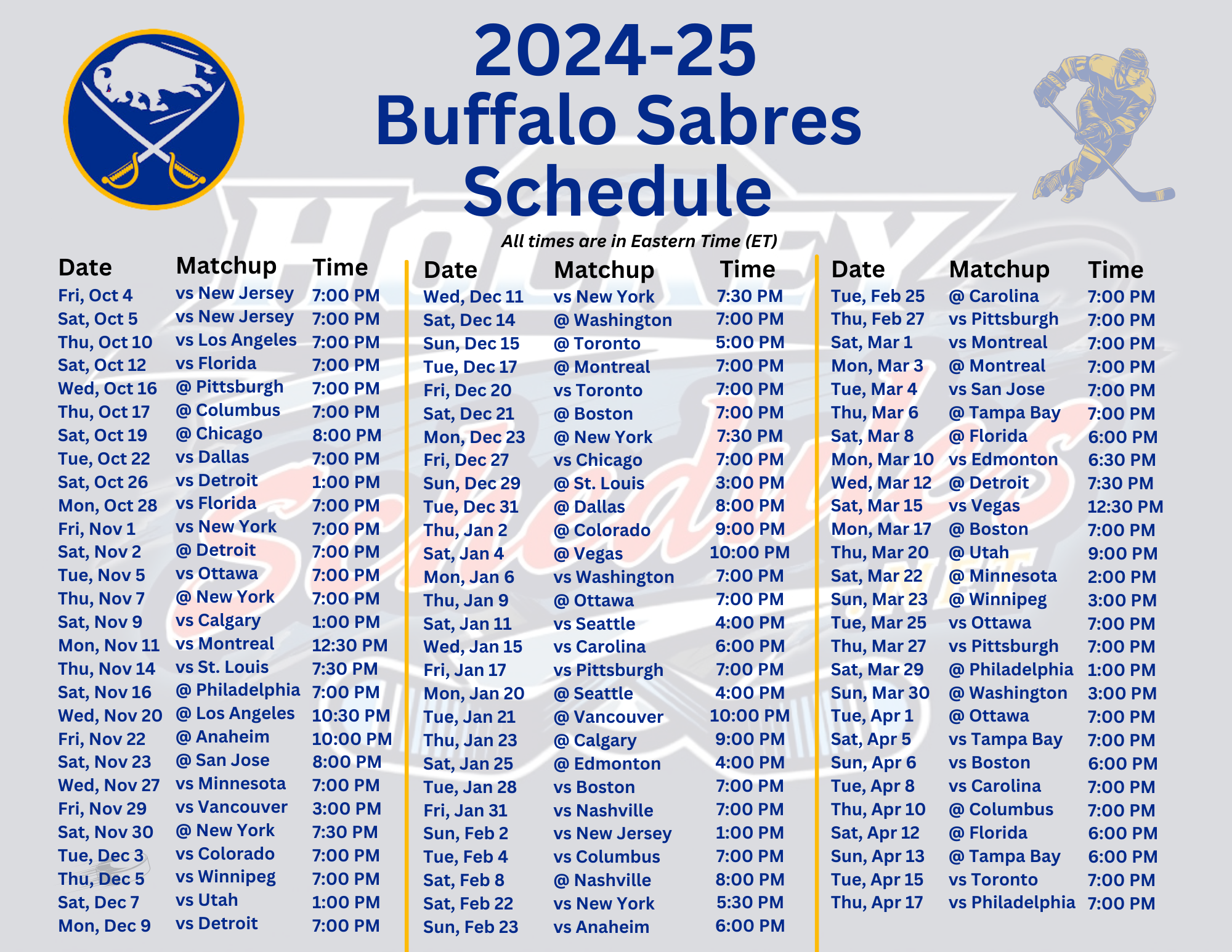 Printable 2024 25 Buffalo Sabres Schedule Matchups And TV Broadcasts Hockey Schedules Printable 2024 25 Buffalo Sabres Schedule Matchups And TV Broadcasts Hockey Schedules