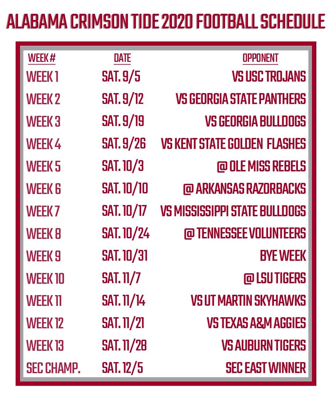 Printable Alabama Football Schedule 2020 FanDuel Research Printable Alabama Football Schedule 2020 FanDuel Research