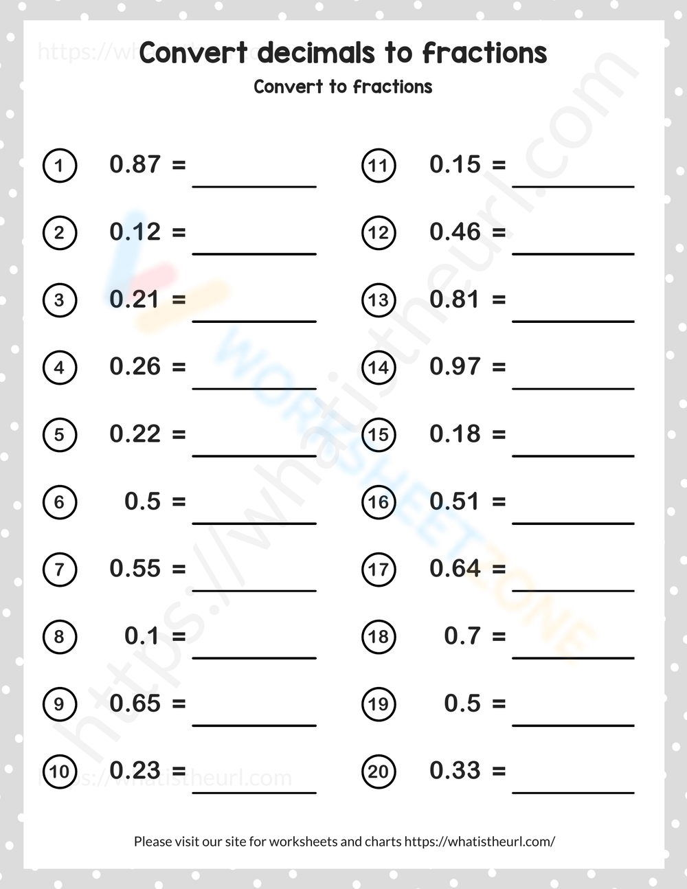 Printable Converting Decimals To Fractions Worksheets