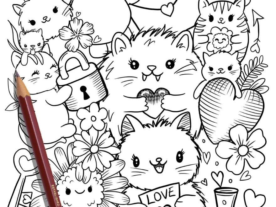 PRINTABLE Cute Kitty Cats Coloring Page Hand drawn Coloring Sheet Cat Doodles Coloring Page Kids Coloring Page Adult Coloring Etsy
