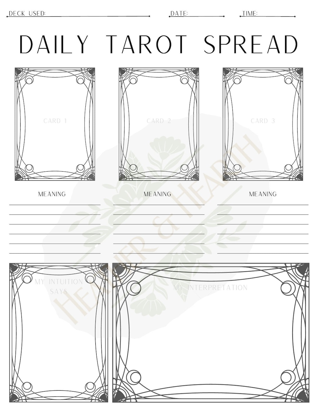 Printable Daily Tarot Spread Worksheet For Three Card Tarot Pull Learn Tarot Study Sheets For Deeper Meaning Intuitive Enhancement Etsy