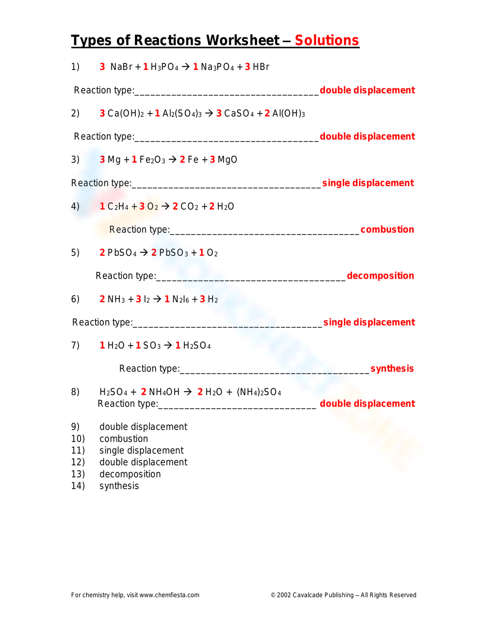 Printable Grade 8 Types Of Reaction Worksheets Download