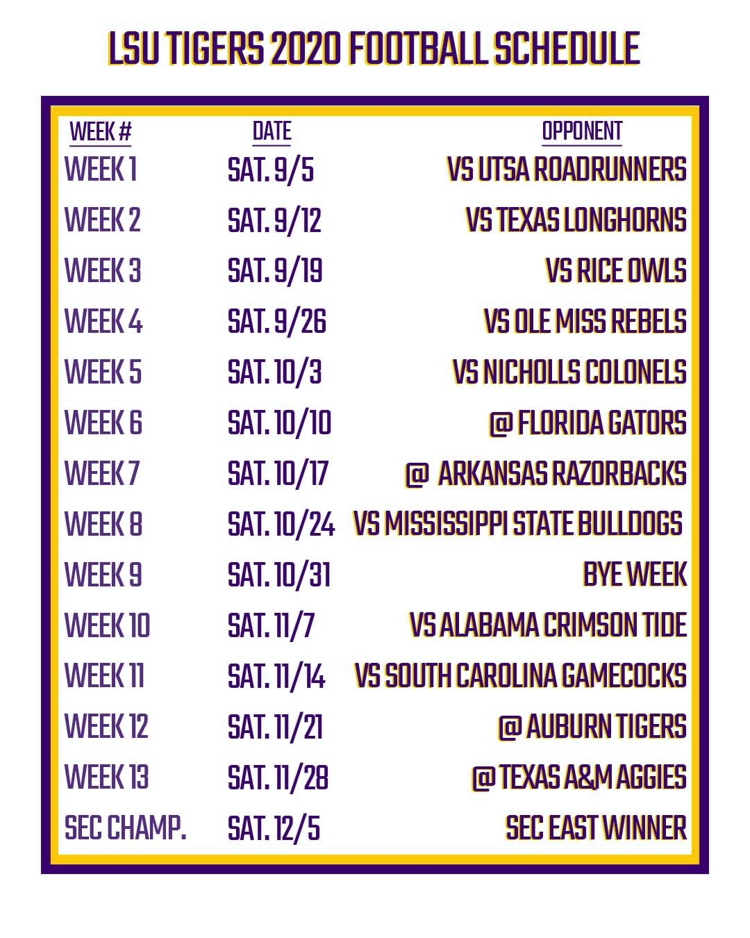 Printable LSU Football Schedule 2020 FanDuel Research Printable LSU Football Schedule 2020 FanDuel Research