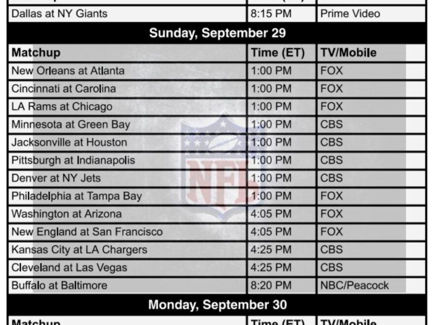 Printable NFL Week 4 Schedule 2024 Archives Printerfriendly