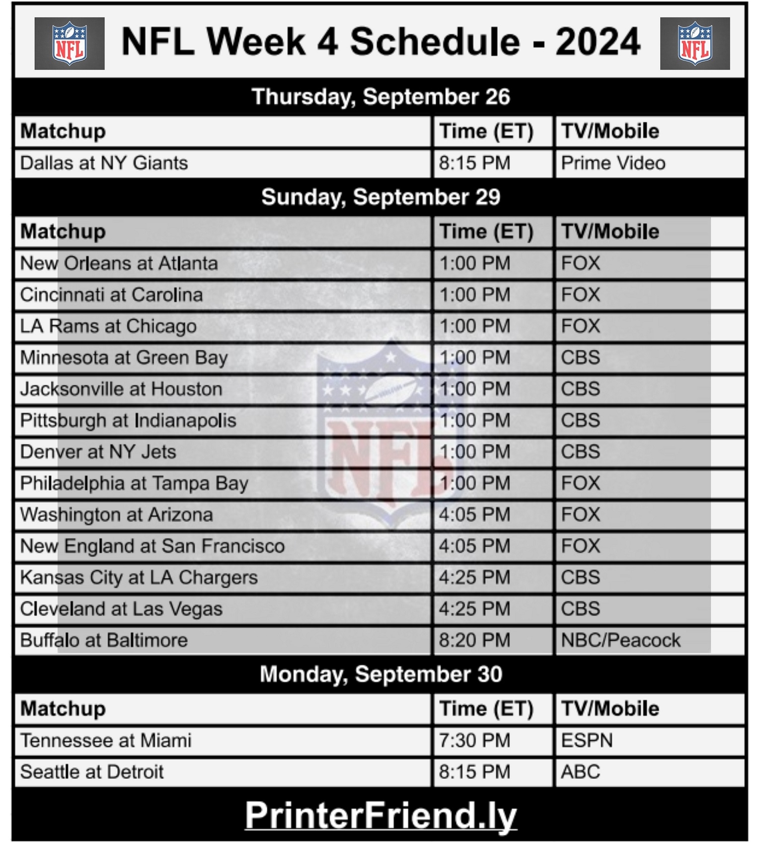 Printable NFL Week 4 Schedule 2024 Archives Printerfriendly