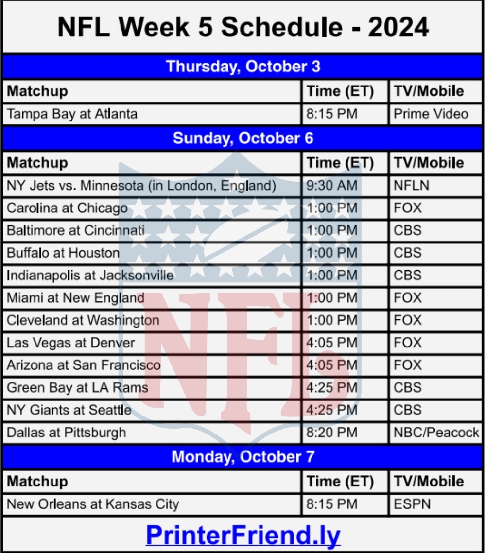 Printable NFL Weekly Schedule Updated 2024 Worksheets Library