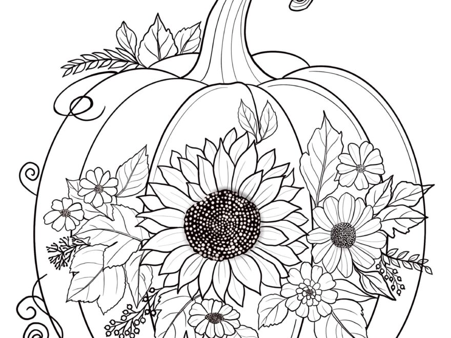 Printable Pumpkin Coloring Sheets With Flowers Coloring Pages Adult Coloring Pages Kids Coloring Pages Coloring Autumn Leaves Etsy