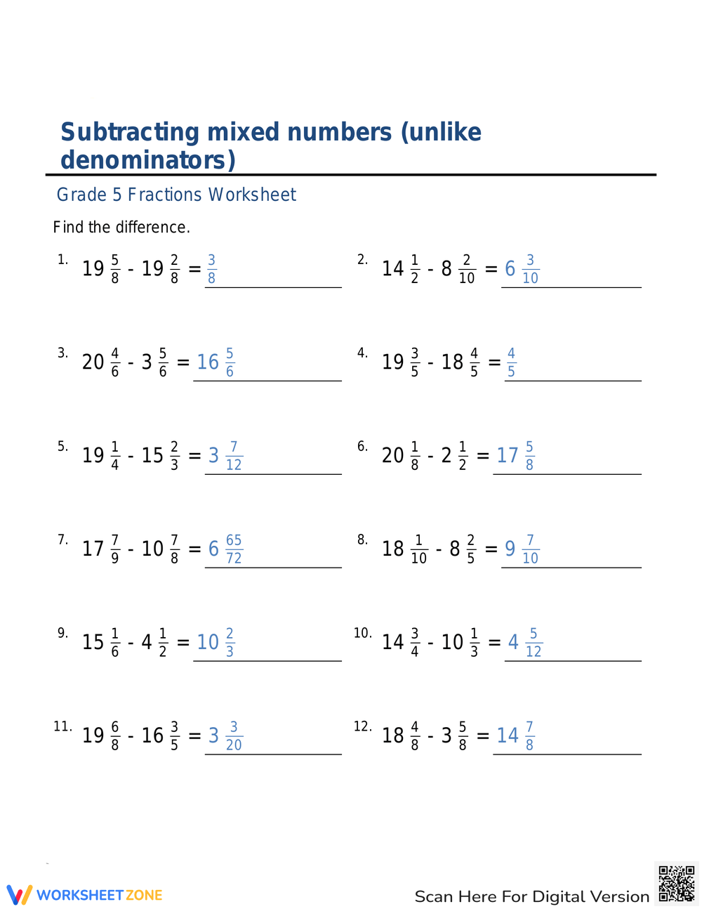 Printable Subtracting Mixed Numbers Worksheets Printable Subtracting Mixed Numbers Worksheets