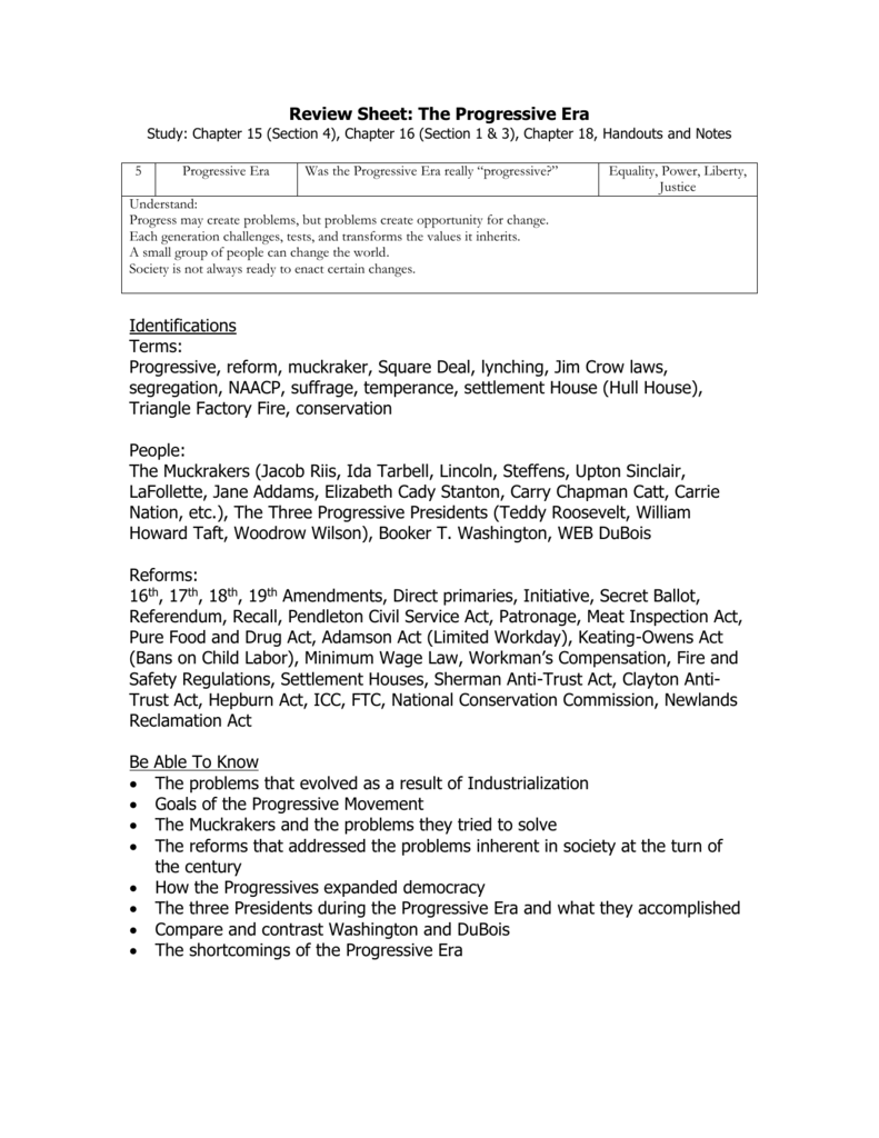 Progressive Era Review Sheet Key Terms Concepts