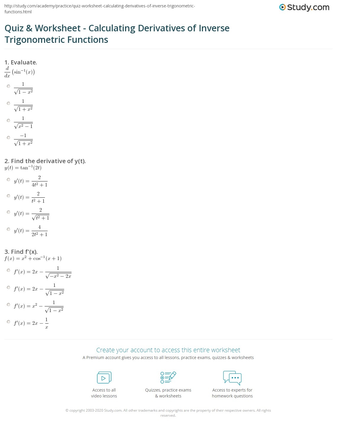 Quiz Worksheet Calculating Derivatives Of Inverse Trigonometric Functions Study