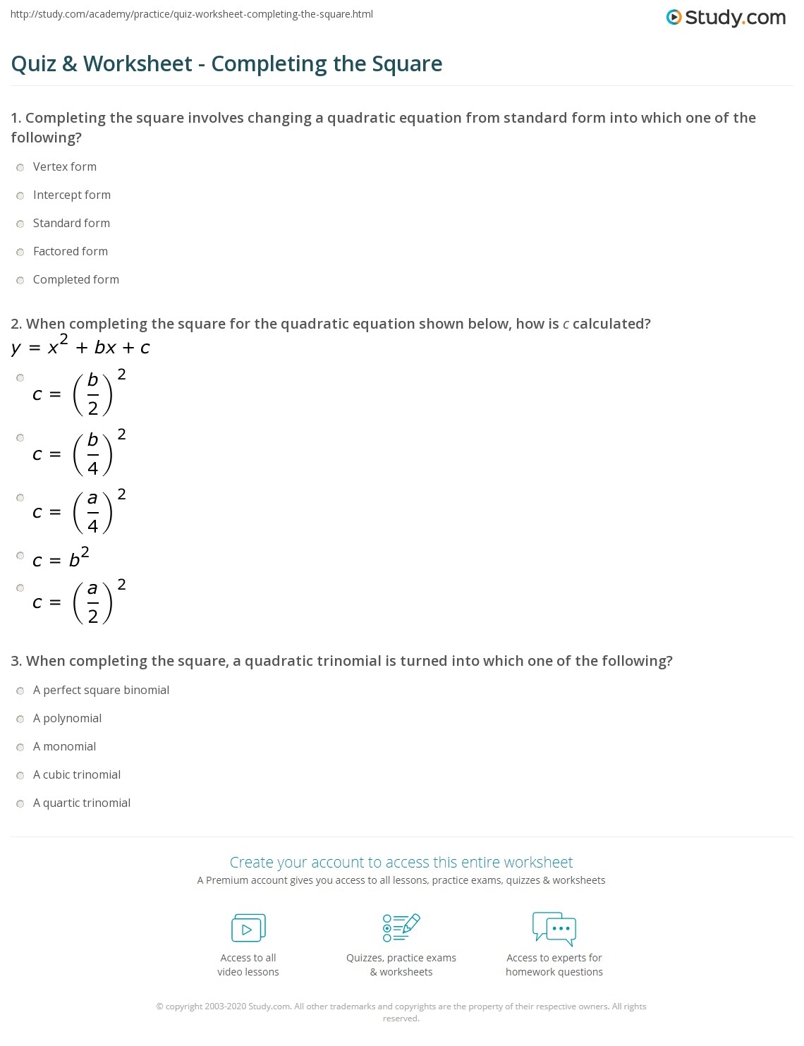complete the square worksheet