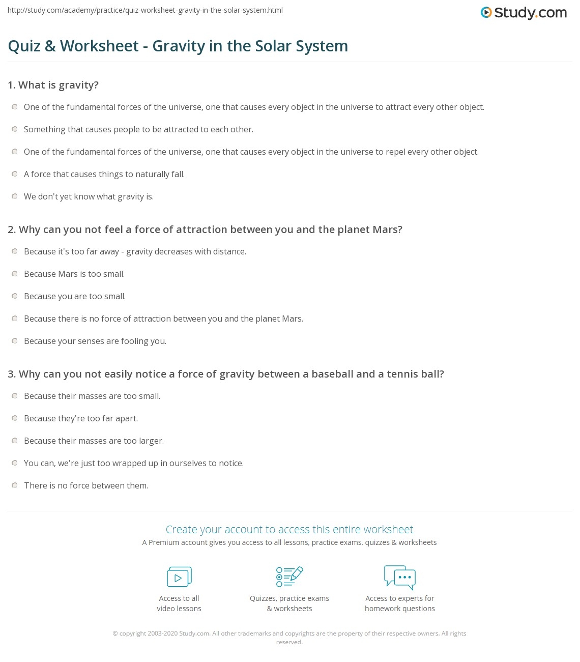 Quiz Worksheet Gravity In The Solar System Study