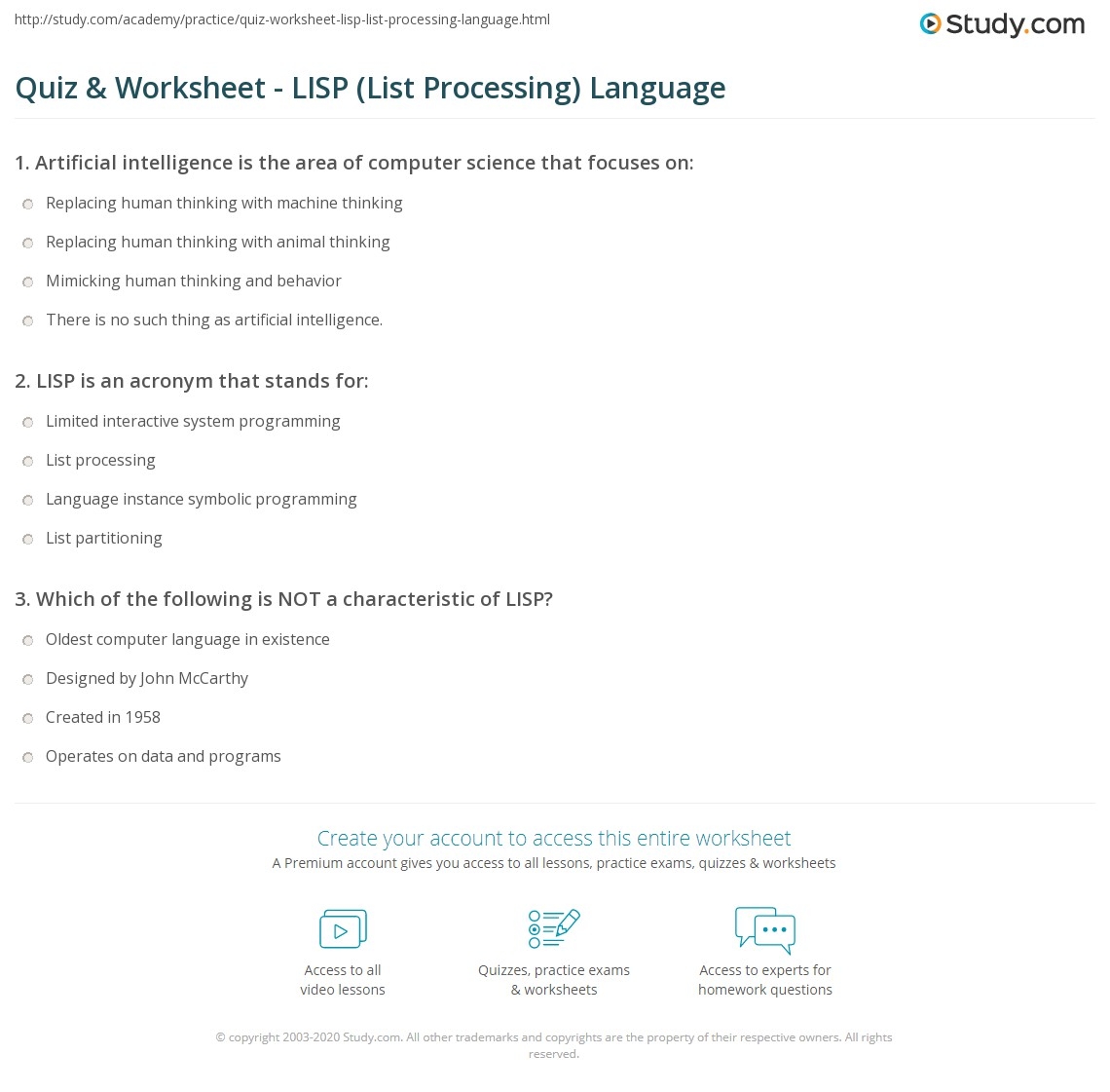 Quiz Worksheet LISP List Processing Language Study Quiz Worksheet LISP List Processing Language Study
