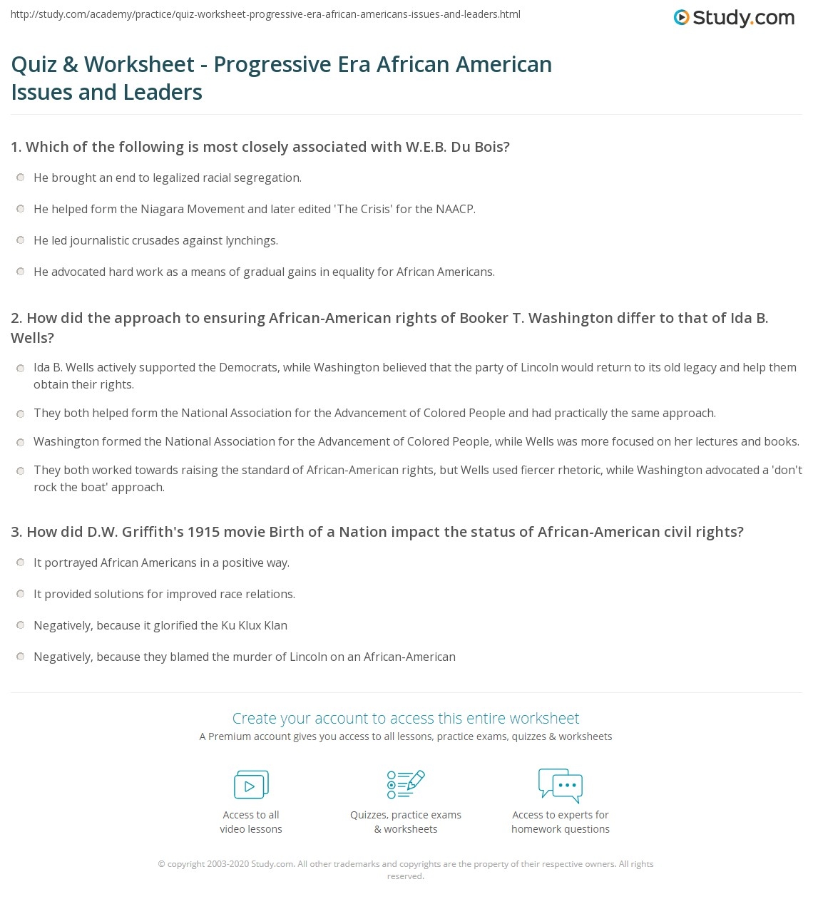 Quiz Worksheet Progressive Era African American Issues And Leaders Study