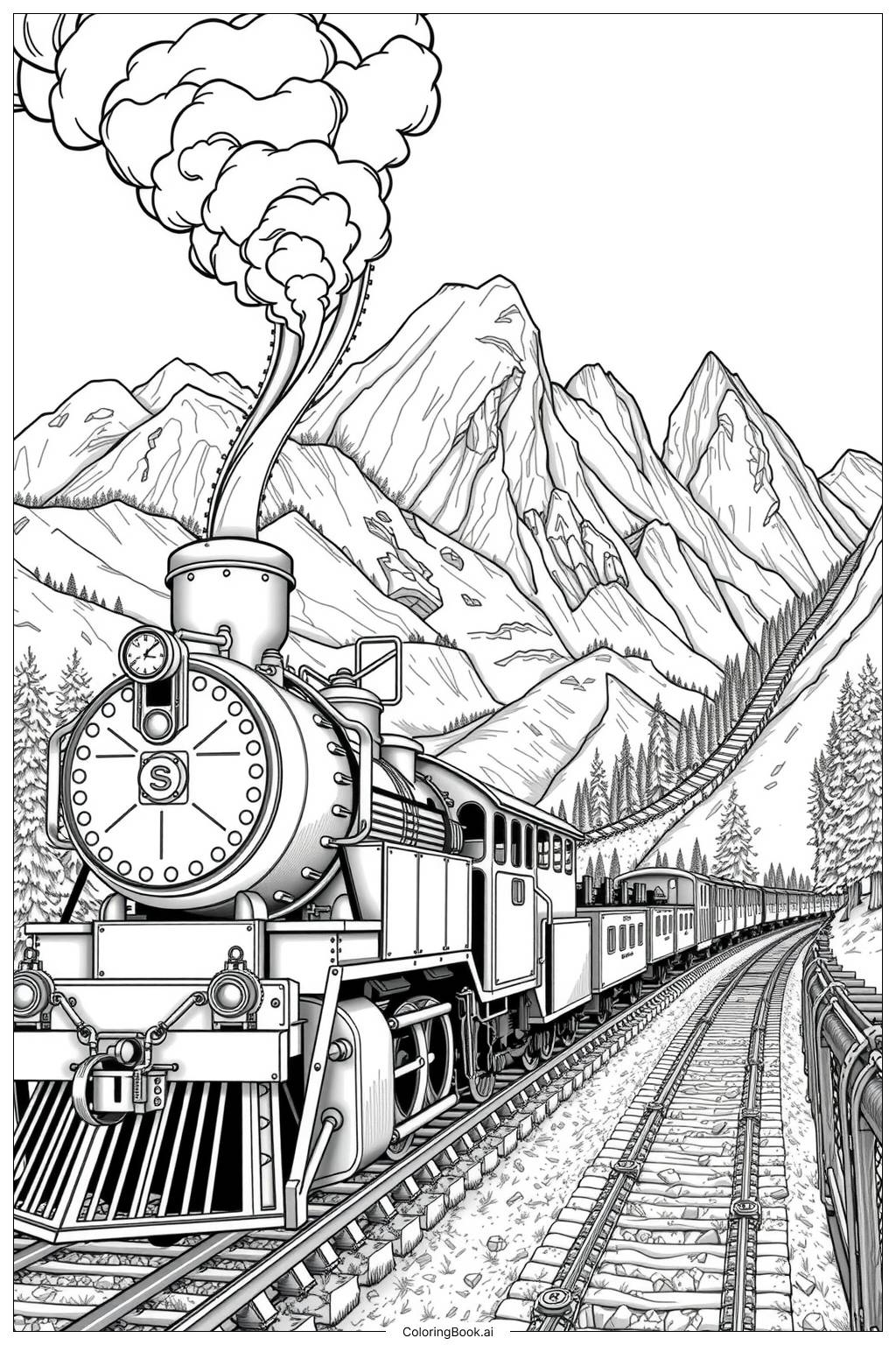Realistic Steam Train In A Mountain Landscape Coloring Page Free PDF PNG Printable Realistic Steam Train In A Mountain Landscape Coloring Page Free PDF PNG Printable