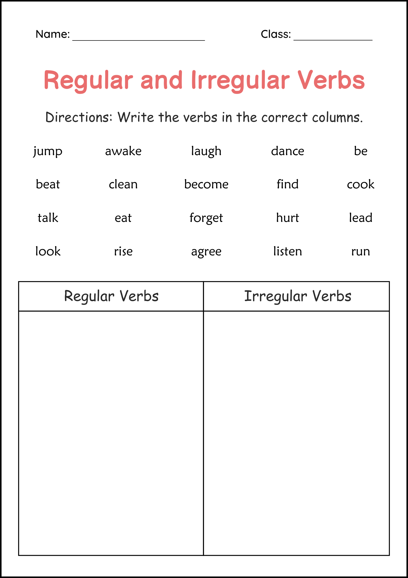 irregular past tense verbs worksheet
