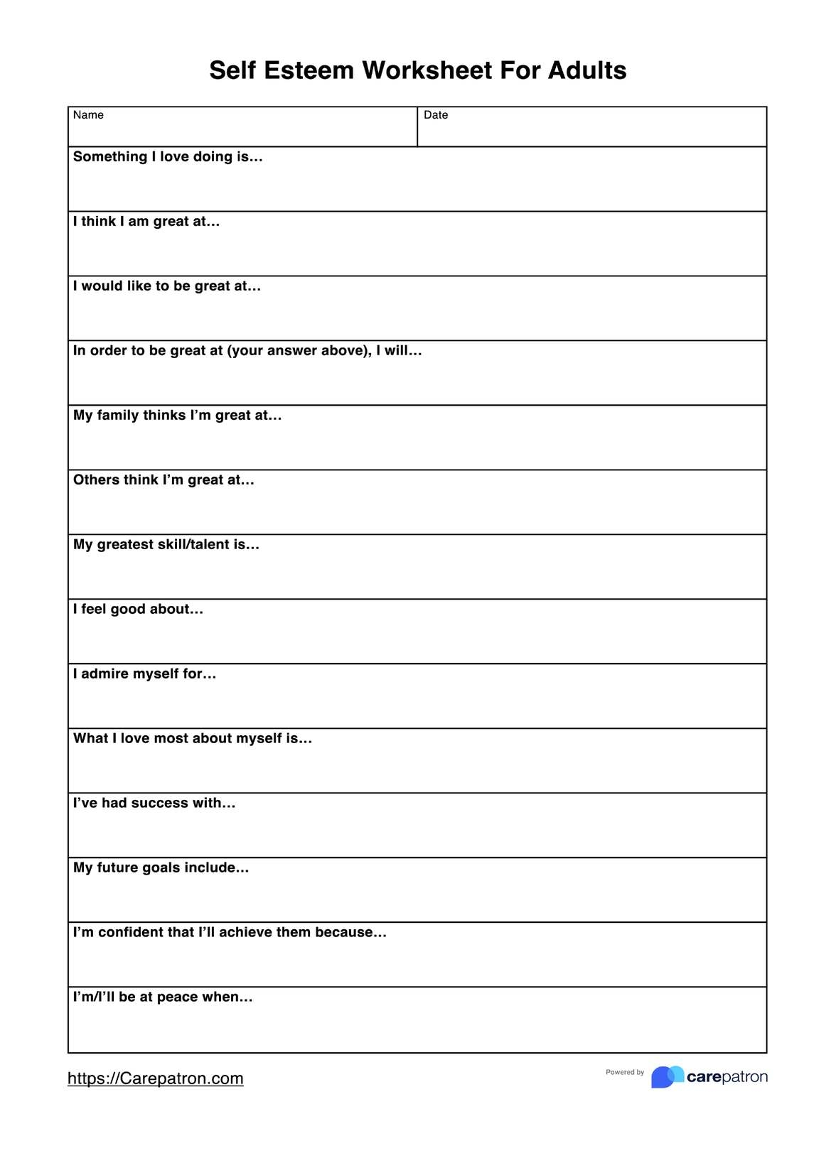 Self Esteem Worksheet For Adults