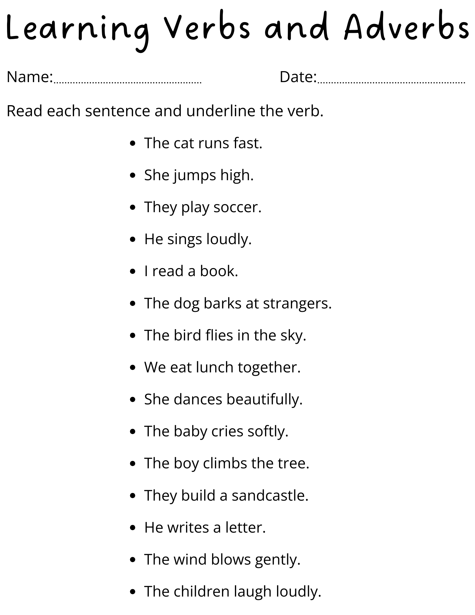Sentences Verb And Adverb Worksheets For Grade 1 Made By Teachers