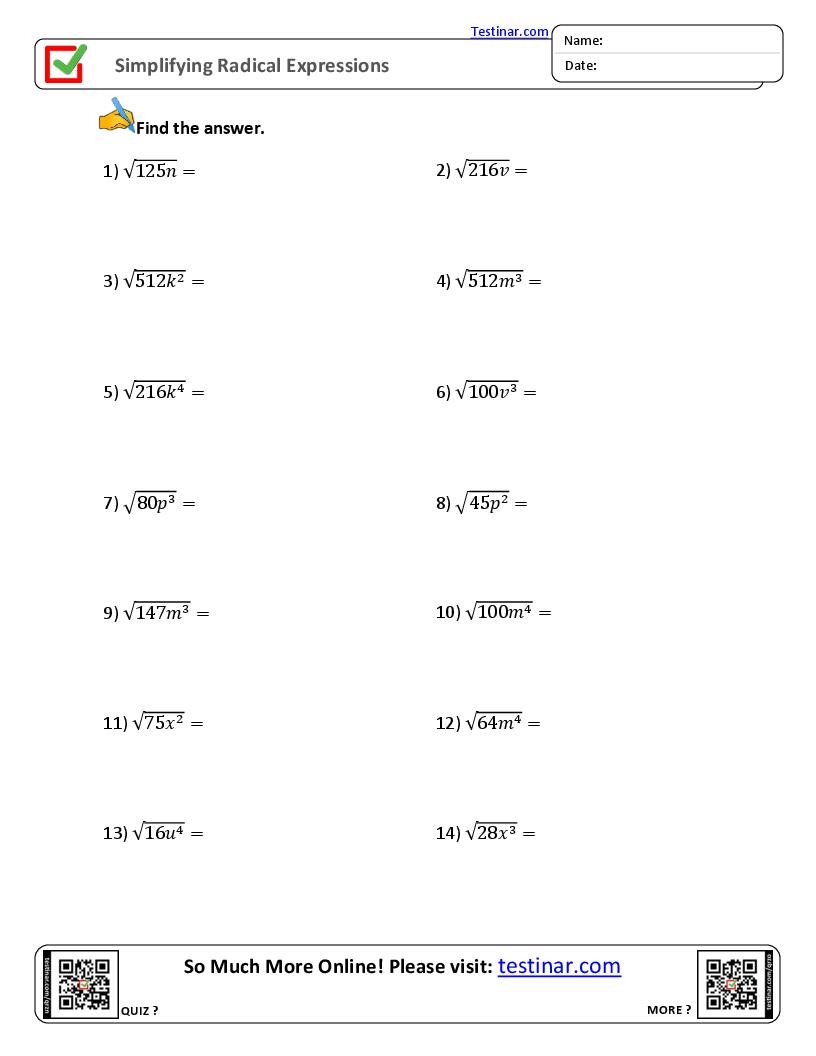 Simplifying Radical Expressions Worksheets Simplifying Radical Expressions Worksheets