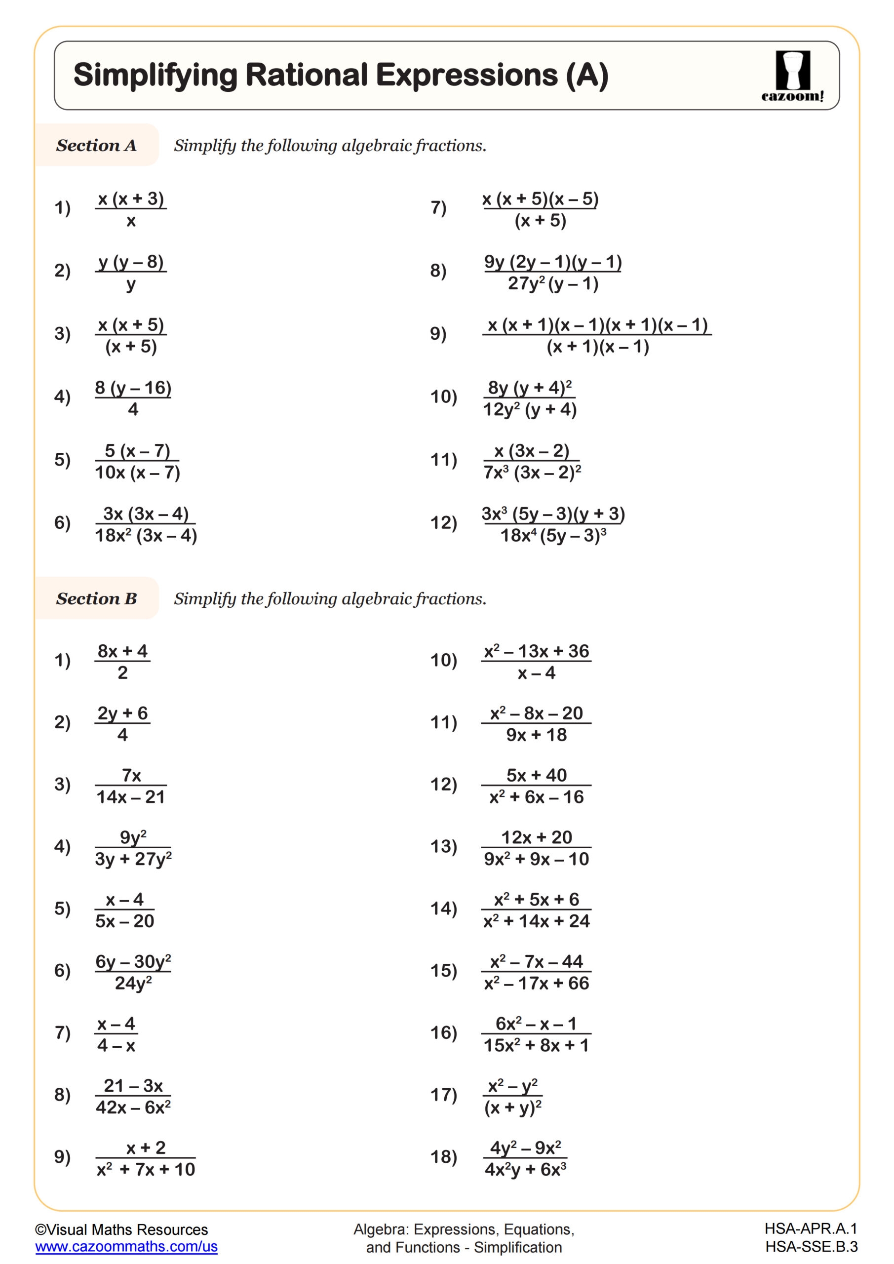 Simplifying Rational Expressions A Worksheet Algebra II PDF Worksheets Cazoom Math Simplifying Rational Expressions A Worksheet Algebra II PDF Worksheets Cazoom Math