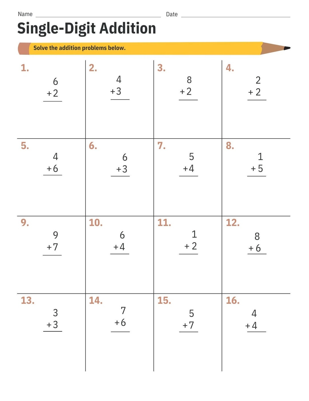 Single digit Addition Math School Assignment Worksheet Printable Instant Digital Download PDF Etsy