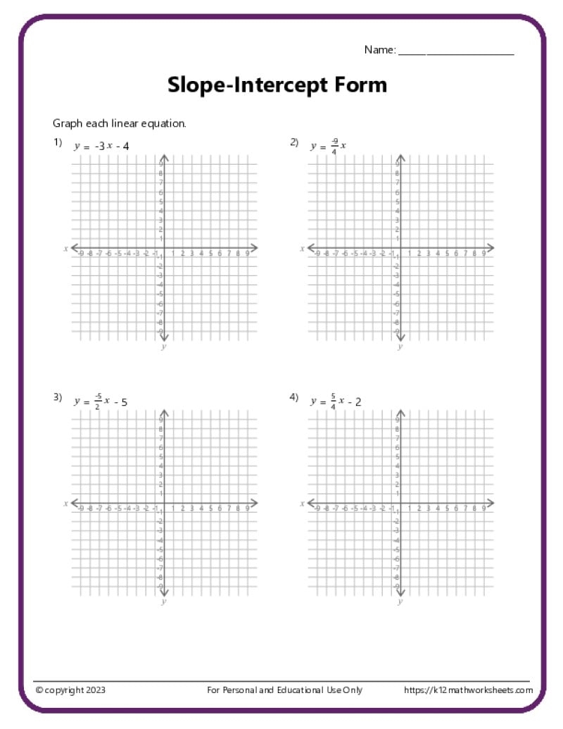 Slope Intercept Form Worksheets Slope Intercept Form Worksheets