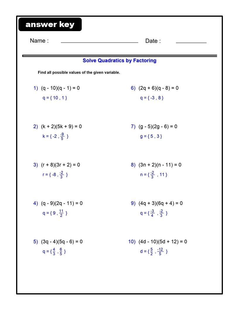 quadratic equations solve by factoring worksheet