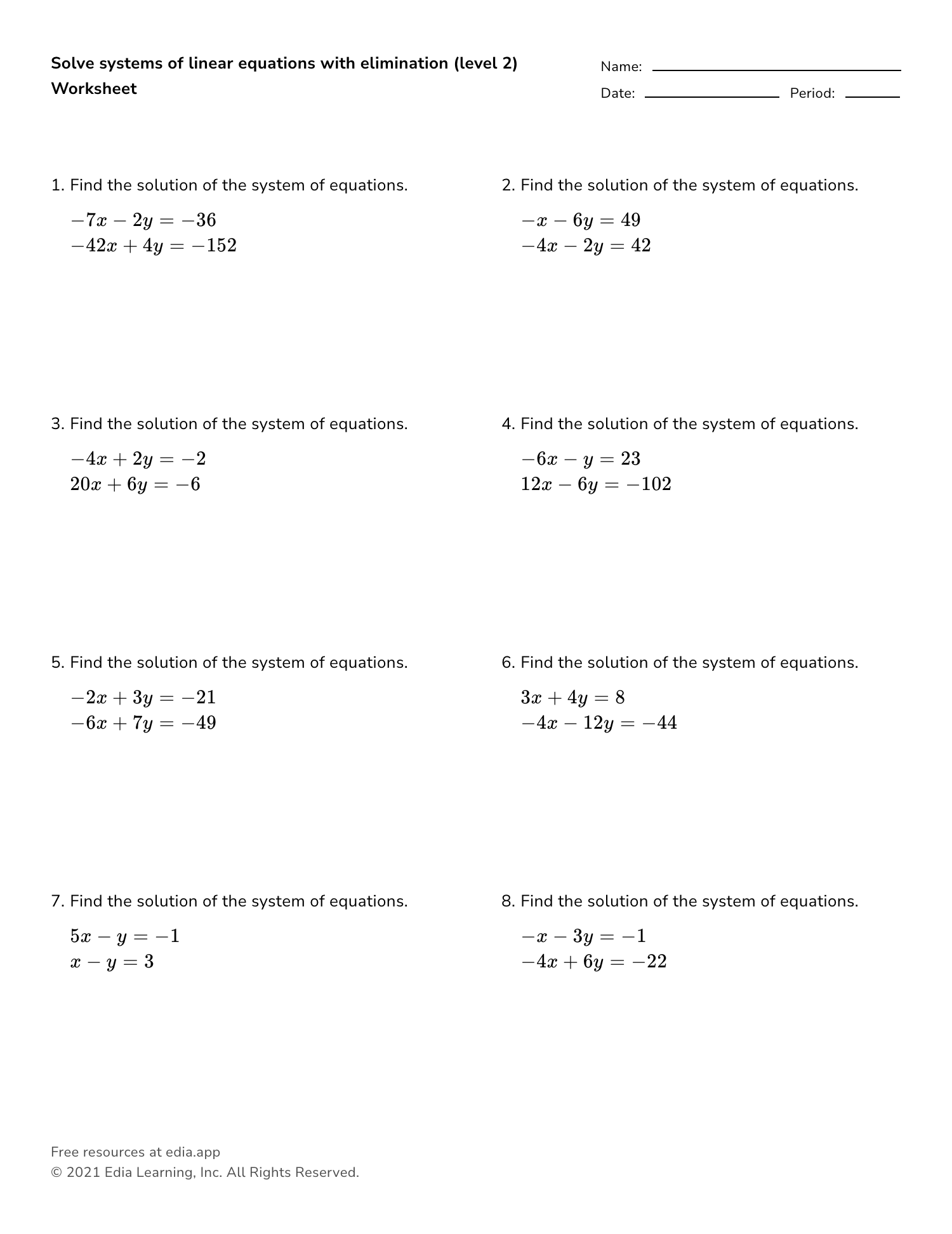 Solve Systems Of Linear Equations With Elimination level 2 Worksheet