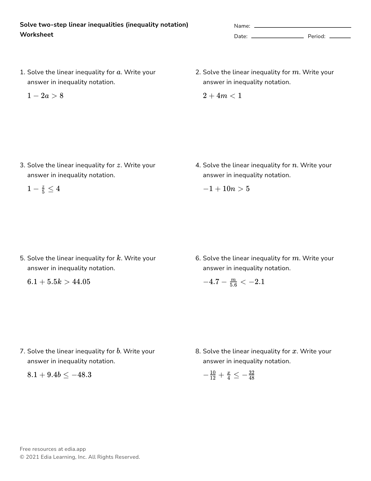 Solve Two step Linear Inequalities inequality Notation Worksheet Solve Two step Linear Inequalities inequality Notation Worksheet