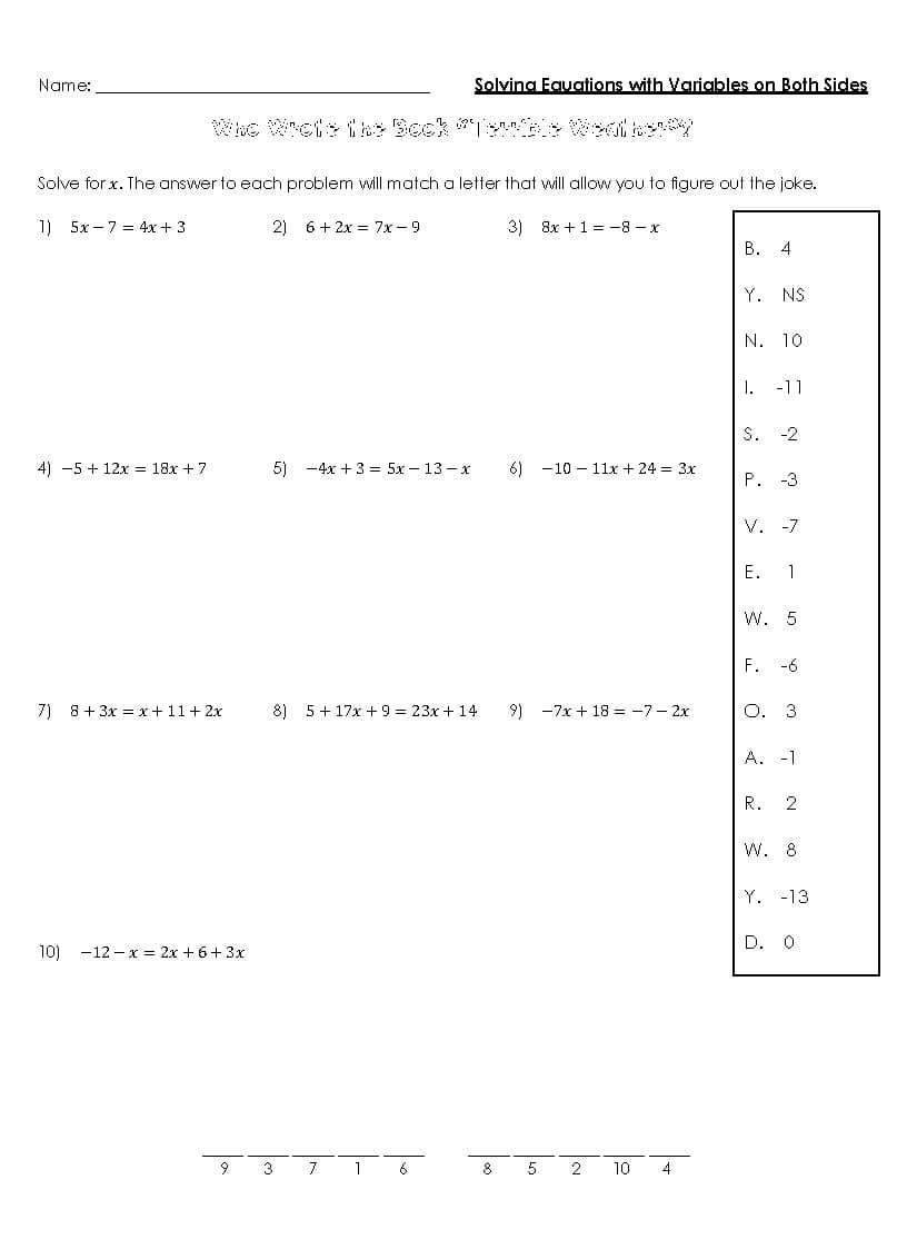 Solving Equations With Variables On Both Sides By Miss Secondary Math Shop