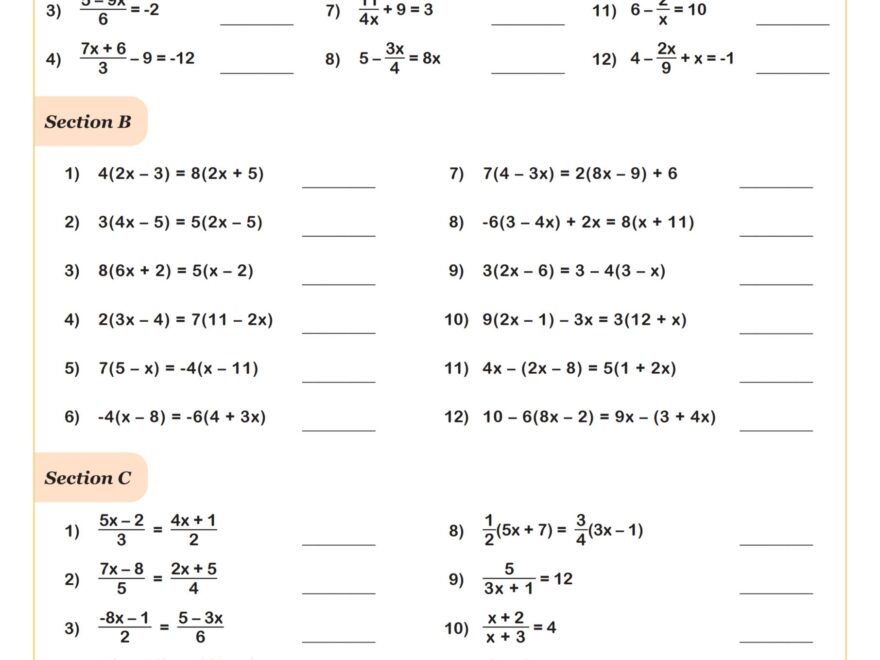 Solving Linear Equations D Worksheet PDF Printable Algebra Worksheet Cazoom Math
