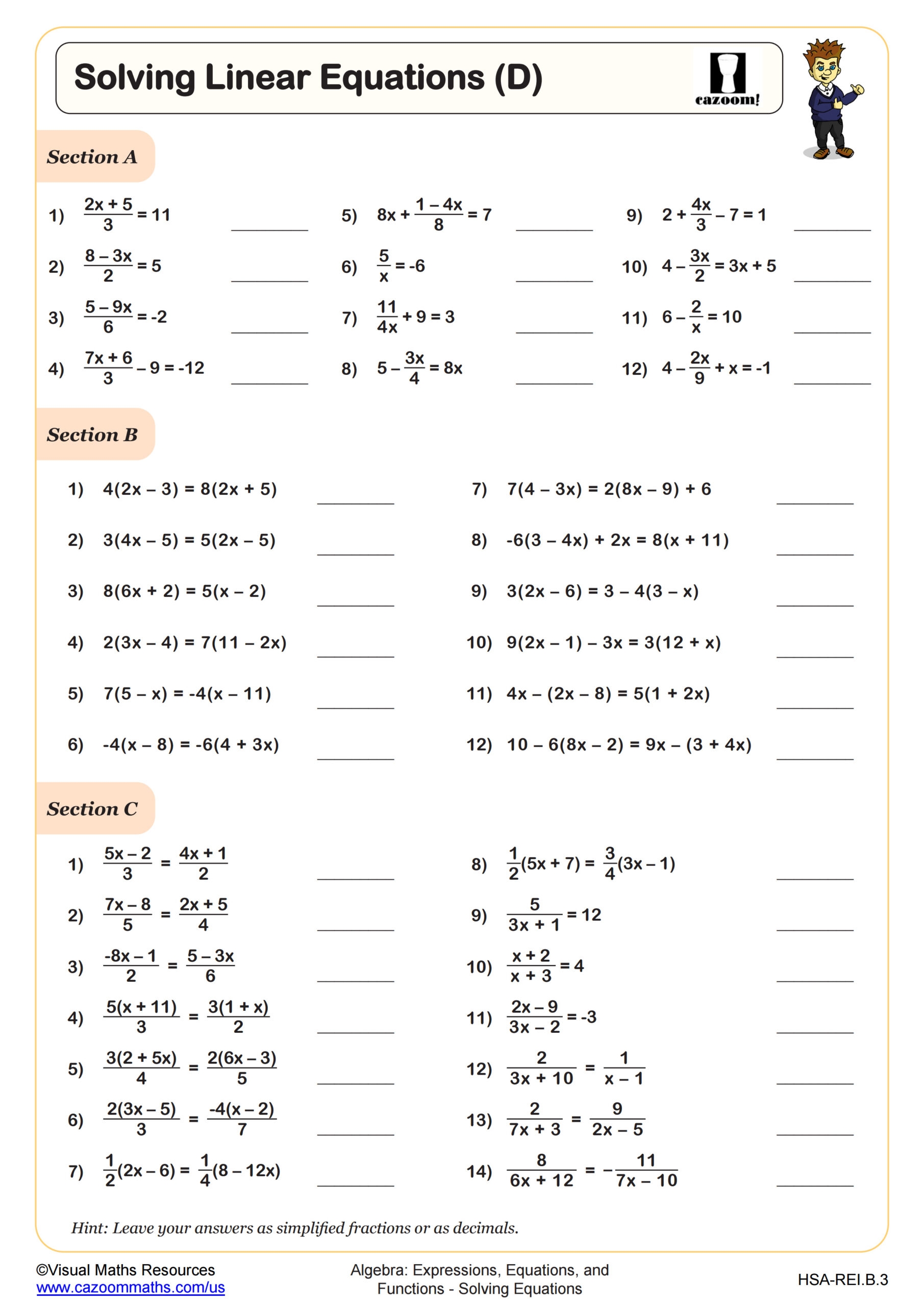 Solving Linear Equations D Worksheet PDF Printable Algebra Worksheet Cazoom Math Solving Linear Equations D Worksheet PDF Printable Algebra Worksheet Cazoom Math