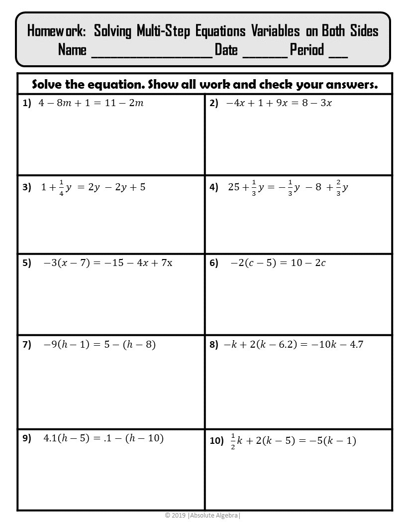 Solving Multi Step Equations Variables On Both Sides Notes Practice Homework U1 Absolute Algebra