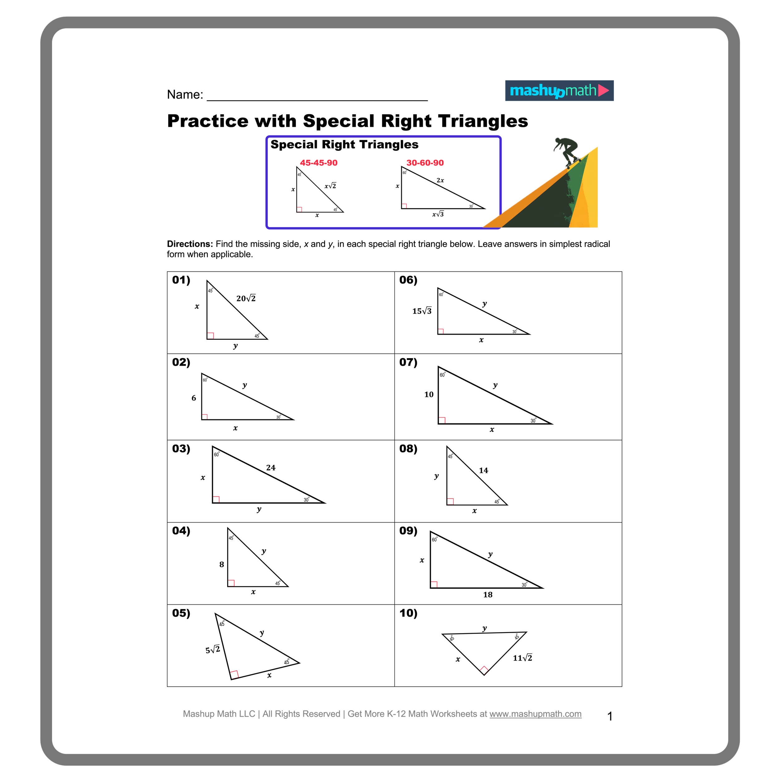 Special Right Triangles Worksheets Printable Mashup Math Special Right Triangles Worksheets Printable Mashup Math