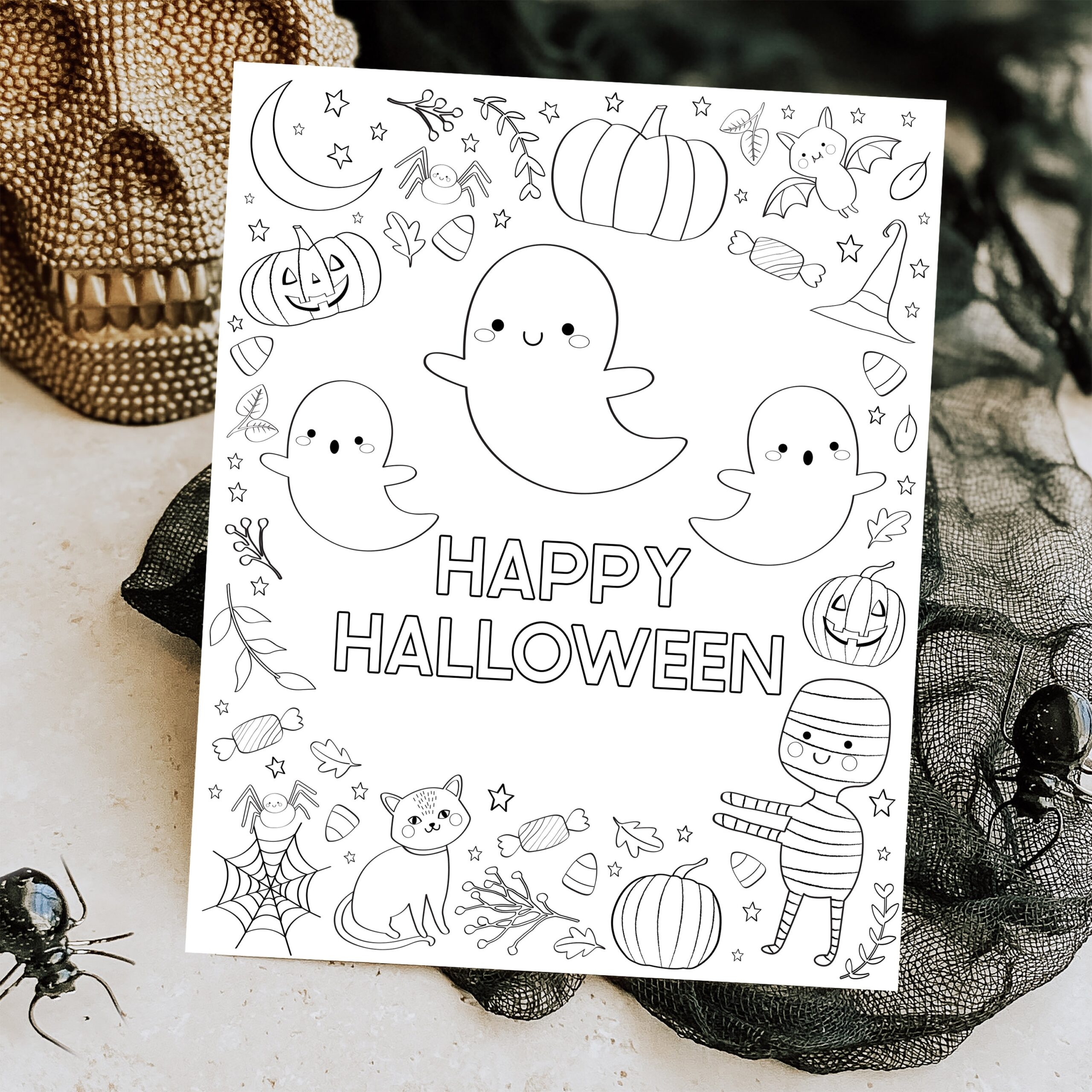 Spooky Cute Halloween Coloring Page Halloween Party Activity Ghost Pumpkin Spider Candy Happy Halloween Printable Coloring Page Download Etsy