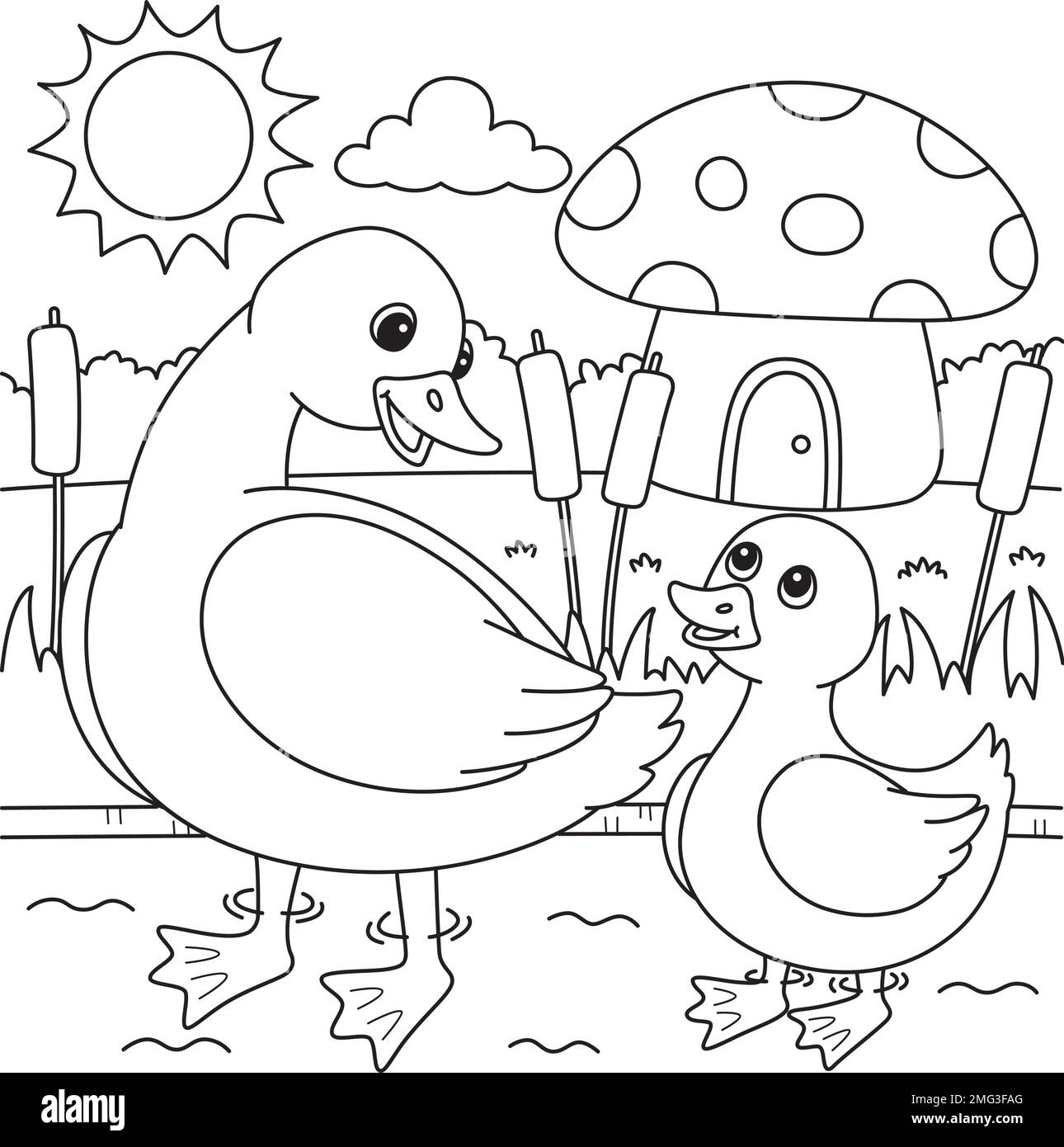 Spring Mother Duck And Duckling Coloring Page Stock Vector Image Art Alamy