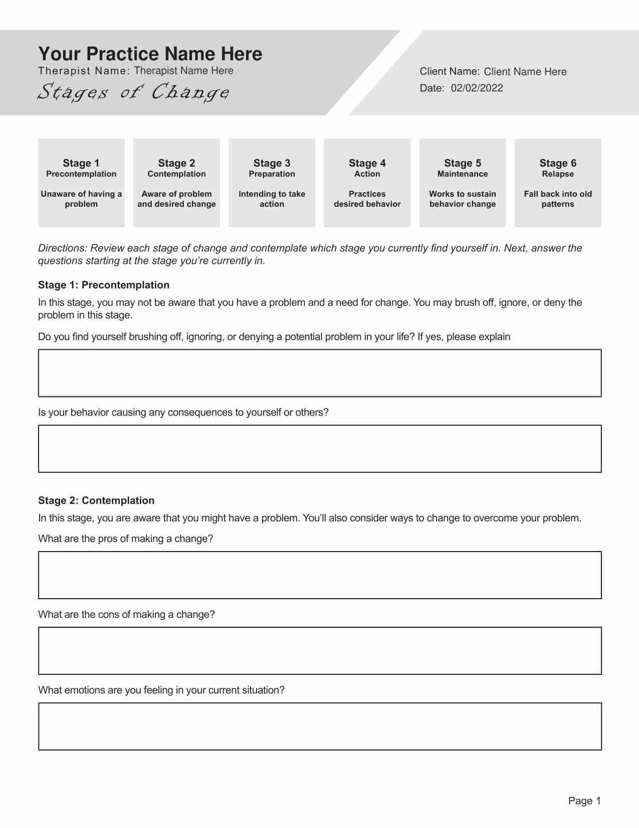 Stages Of Change Worksheet PDF Editable Fillable Printable TherapyByPro