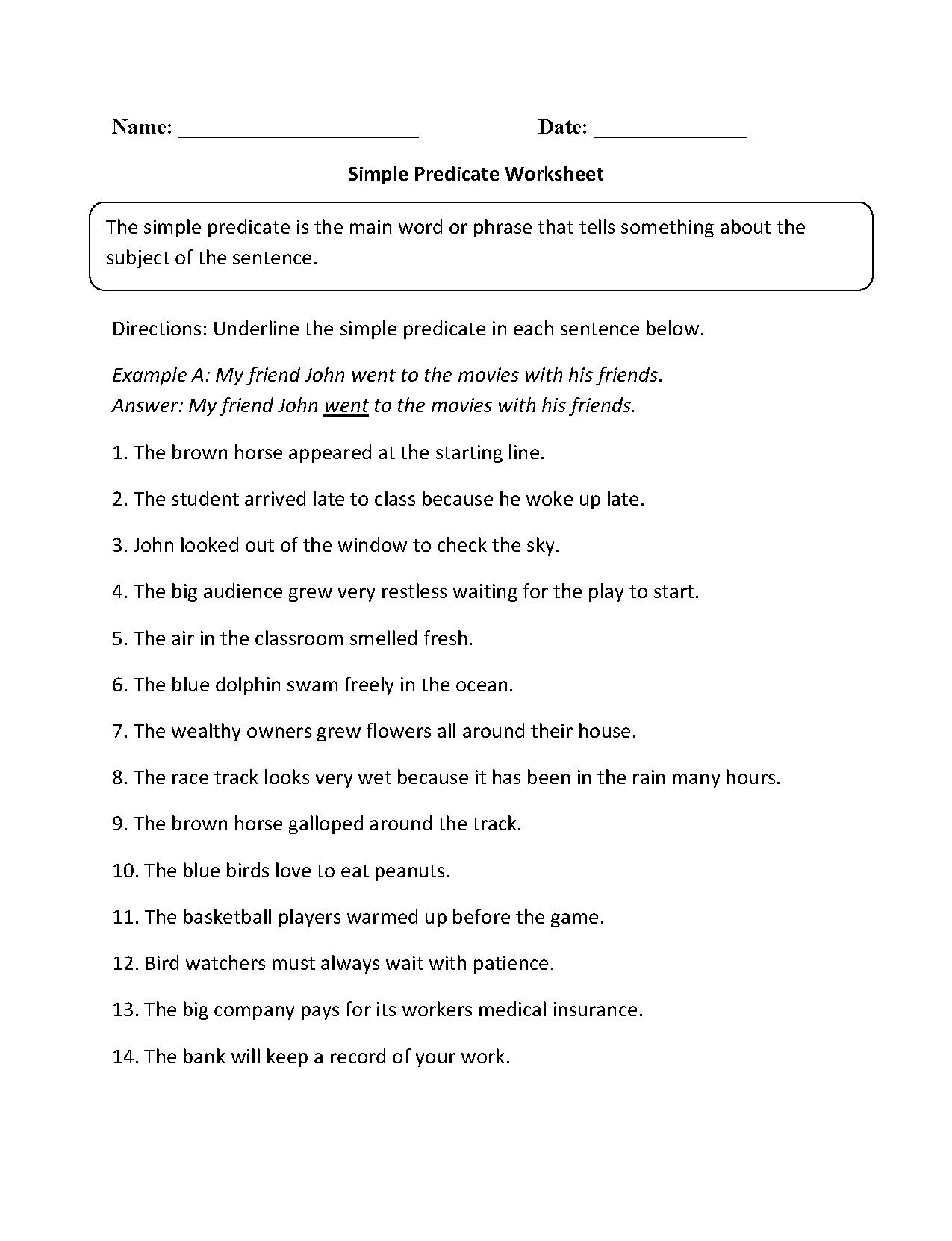 Subject And Predicate Worksheets Simple Predicate Worksheet Subject And Predicate Worksheets Simple Predicate Worksheet