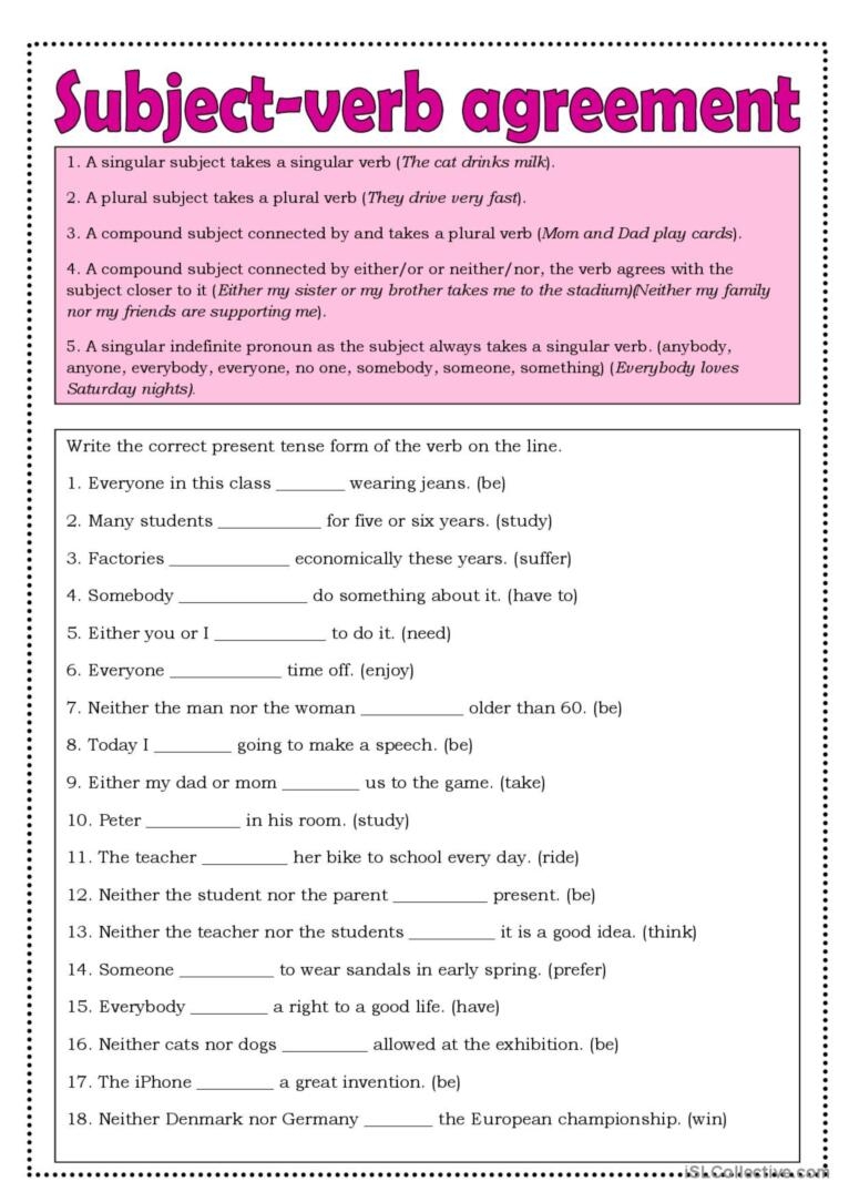 Subject verb Agreement Grammar Guide English ESL Worksheets Pdf Doc